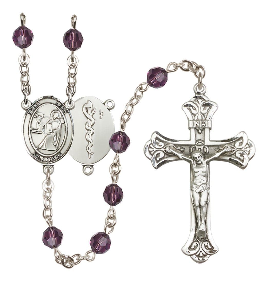 Bliss Doctor St Luke Sterling Silver Crystal Flared Crucifix Rosary in Amethyst,