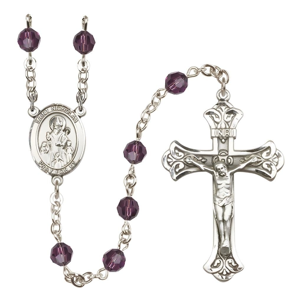 Bliss St. Nicholas Engravable Rosary with Sterling Silver Centerpiece and Scroll Design Crucifix, February Birthstone 6mm Amethyst Austrian Crystal Beads
