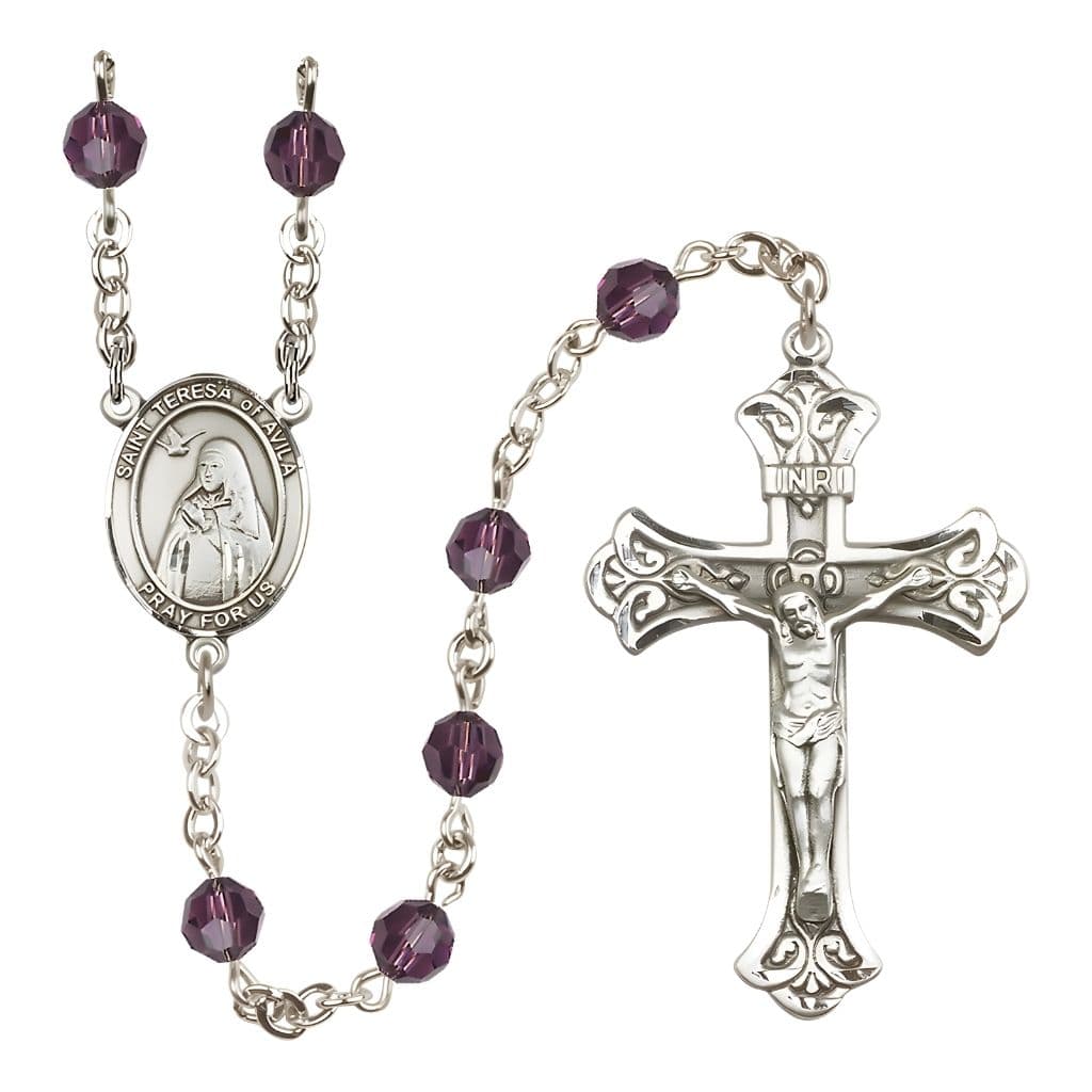 Bliss St. Teresa of Avila 6mm Amethyst Austrian Crystal Birthstone Sterling Silver Rosary