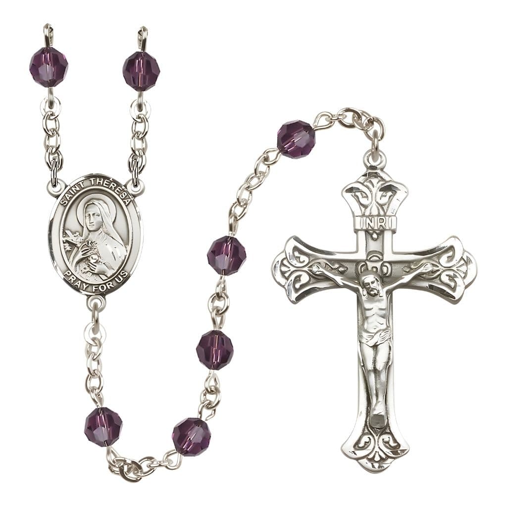 Bliss St. Theresa Garnet 6mm Austrian Crystal January Birthstone Sterling Silver Rosary with Sterling Centerpiece and Scroll Design Crucifix