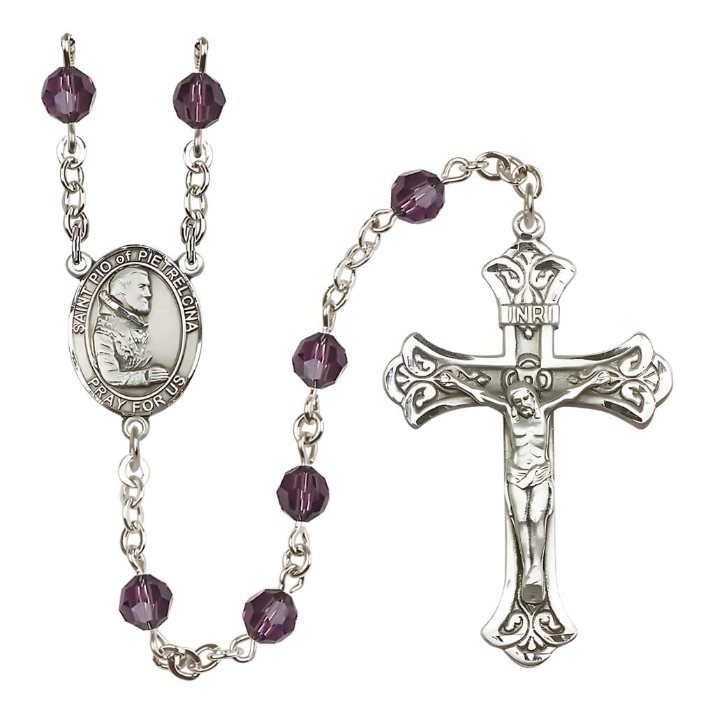 Bliss St. Padre Pio of Pietrelcina 6mm Austrian Crystal Birthstone Sterling Silver Rosary in Amethyst