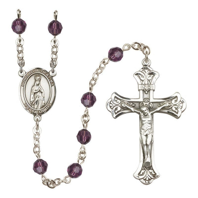 Our Lady of Fatima Engravable Rosary with Sterling Silver Crucifix and Centerpiece, Birthstone 6mm Austrian Crystal Amethyst Beads for February, Bliss Manufacturing