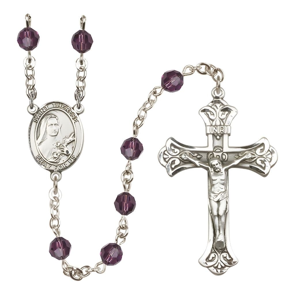 Bliss St. Therese of Lisieux Engravable Rosary with Sterling Silver Centerpiece and Scroll Design Crucifix, February Birthstone 6mm Amethyst Austrian Crystal Beads