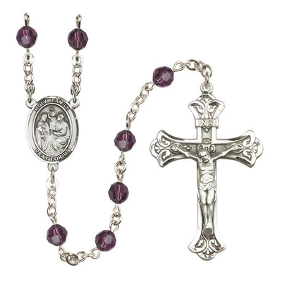 Holy Family Engravable Rosary with Sterling Silver Crucifix and Centerpiece, Birthstone 6mm Austrian Crystal Amethyst Beads for February, Bliss Manufacturing