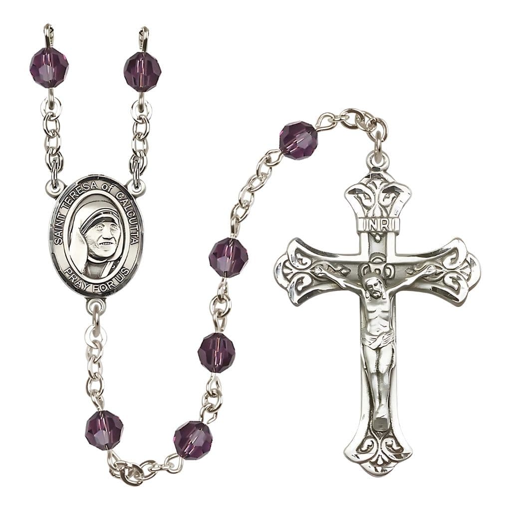 Bliss St. Teresa of Calcutta Sterling Silver Engraving Rosary, Birthstone Amethyst 6mm Austrian Crystal Beads