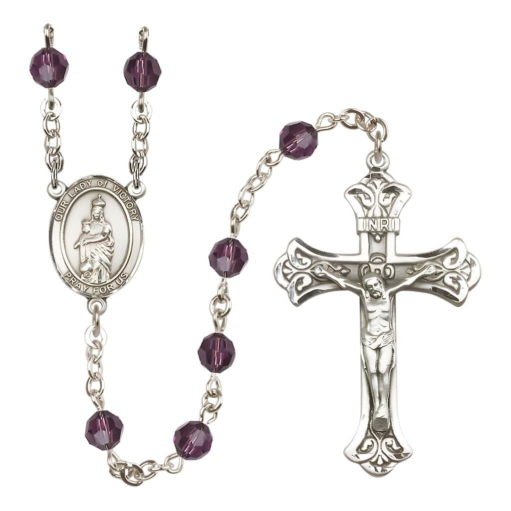 Bliss Our Lady of Victory Sterling Silver February Birthstone Amethyst 6mm Austrian Crystal Rosary