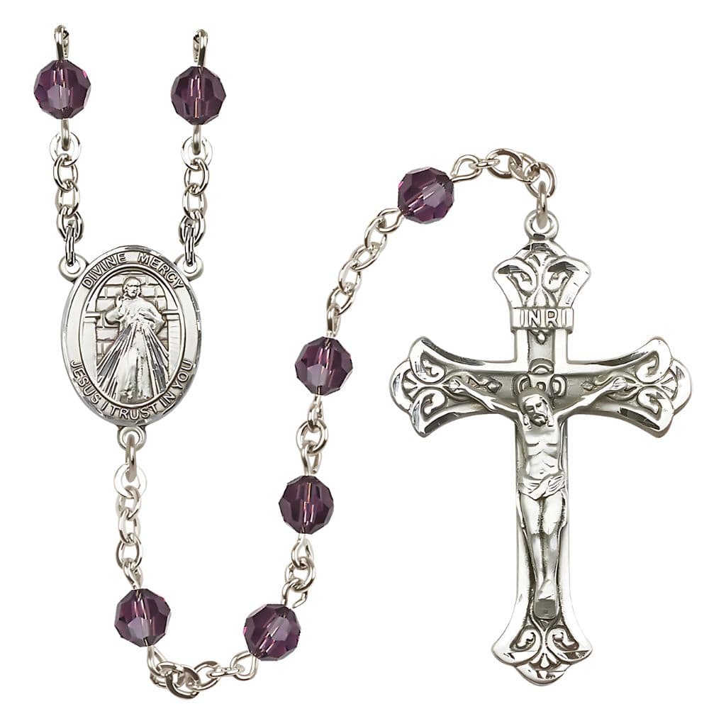 Bliss Jesus Divine Mercy Engravable Rosary with Sterling Silver Scroll Crucifix and Centerpiece, Birthstone 6mm Austrian Crystal Amethyst Beads for February