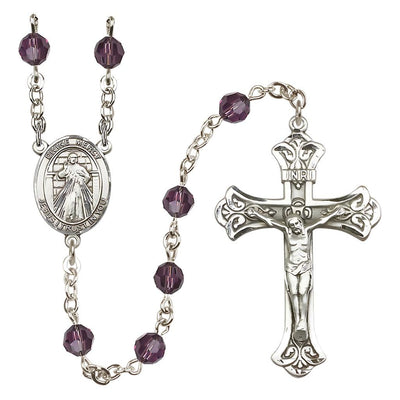 Jesus Divine Mercy Engravable Rosary with Sterling Silver Scroll Crucifix and Centerpiece, Birthstone 6mm Austrian Crystal Amethyst Beads for February, Bliss Manufacturing