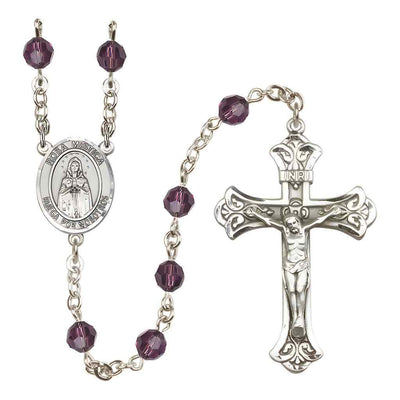 Spanish Rosa Mystica Rosary with Sterling Silver Scroll Crucifix and Centerpiece, Birthstone 6mm Austrian Crystal Amethyst Beads for February