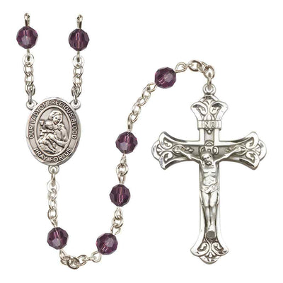 Our Lady of the Precious Blood Rosary with Sterling Silver Scroll Crucifix and Centerpiece, Birthstone 6mm Austrian Crystal Amethyst Beads for February