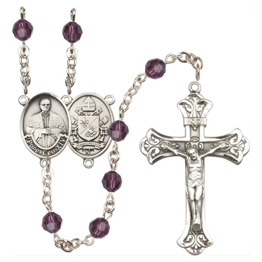 Bliss Pope Leo XIV Engravable Rosary with Sterling Silver Scallop Edge Crucifix and Centerpiece, Birthstone 6mm Austrian Crystal Amethyst Beads for February