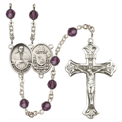 Pope Leo XIV Engravable Rosary with Sterling Silver Scallop Edge Crucifix and Centerpiece, Birthstone 6mm Austrian Crystal Amethyst Beads for February, Bliss Manufacturing