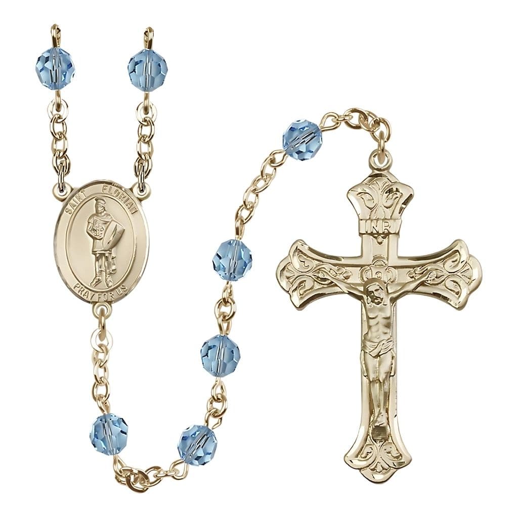 Bliss St. Florian Gold-filled Crystal Scalloped Flared Crucifix Rosary with Aqua Beads
