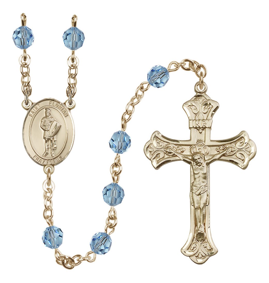 Bliss Manufacturing St Florian Gold-filled Crystal Flared Crucifix Birthstone Rosary in Aqua,