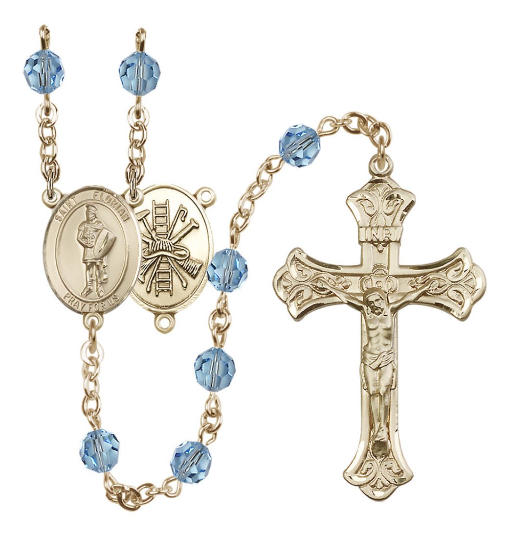 Bliss St Florian Firefighter Gold-filled Crystal Flared Crucifix Rosary in Aqua March Birthstone,