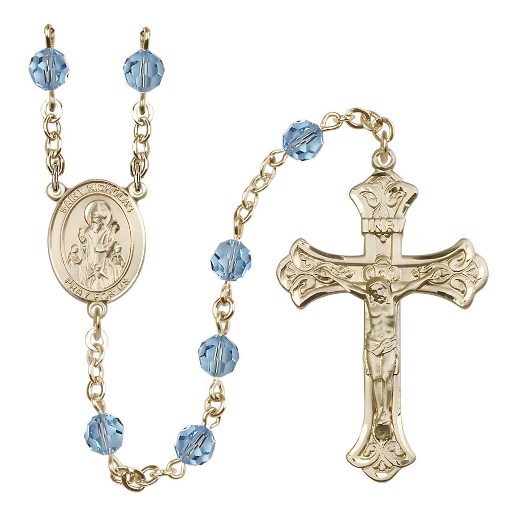 Bliss St. Nicholas Engravable Rosary with 14kt Gold-filled Centerpiece and Scroll Design Crucifix, March Birthstone 6mm Aqua Austrian Crystal Beads
