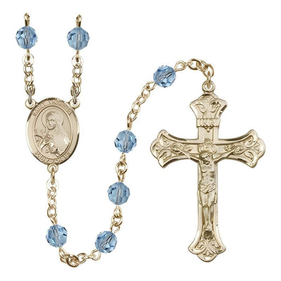 St. Theresa Aqua 6mm Austrian Crystal March Birthstone Gold-filled Rosary with 14kt Gold-filled Centerpiece and Scroll Design Crucifix, Bliss Manufacturing