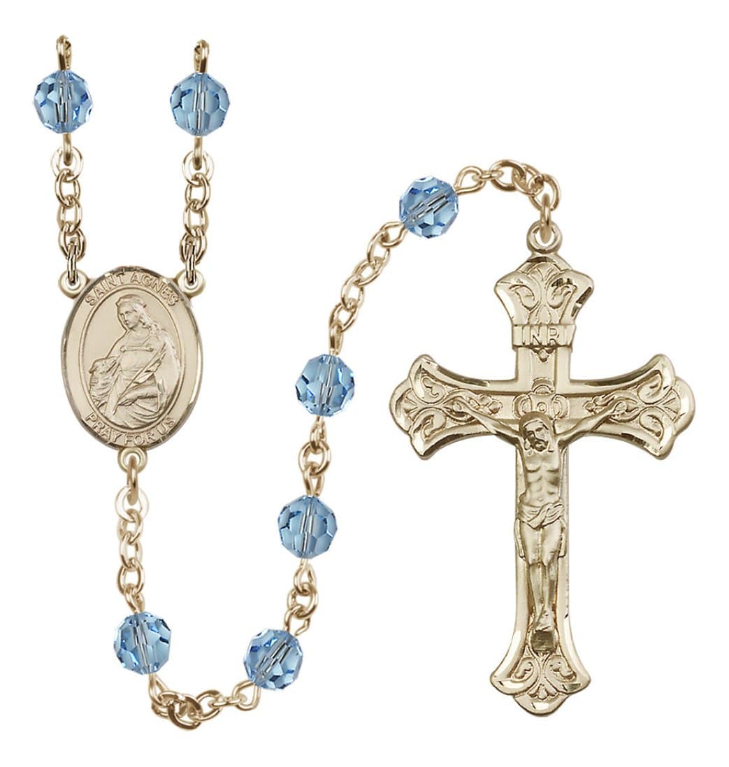 Bliss 14kt Gold 6mm Austrian Crystal Saint Agnes of Rome Rosary in Aqua,