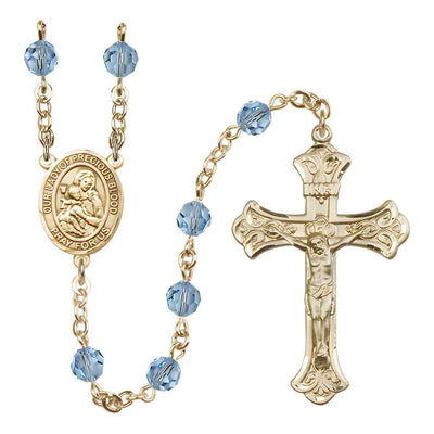 Our Lady of the Precious Blood Rosary with Gold-filled Scroll Crucifix and Centerpiece, Birthstone 6mm Austrian Crystal Aqua Beads for March