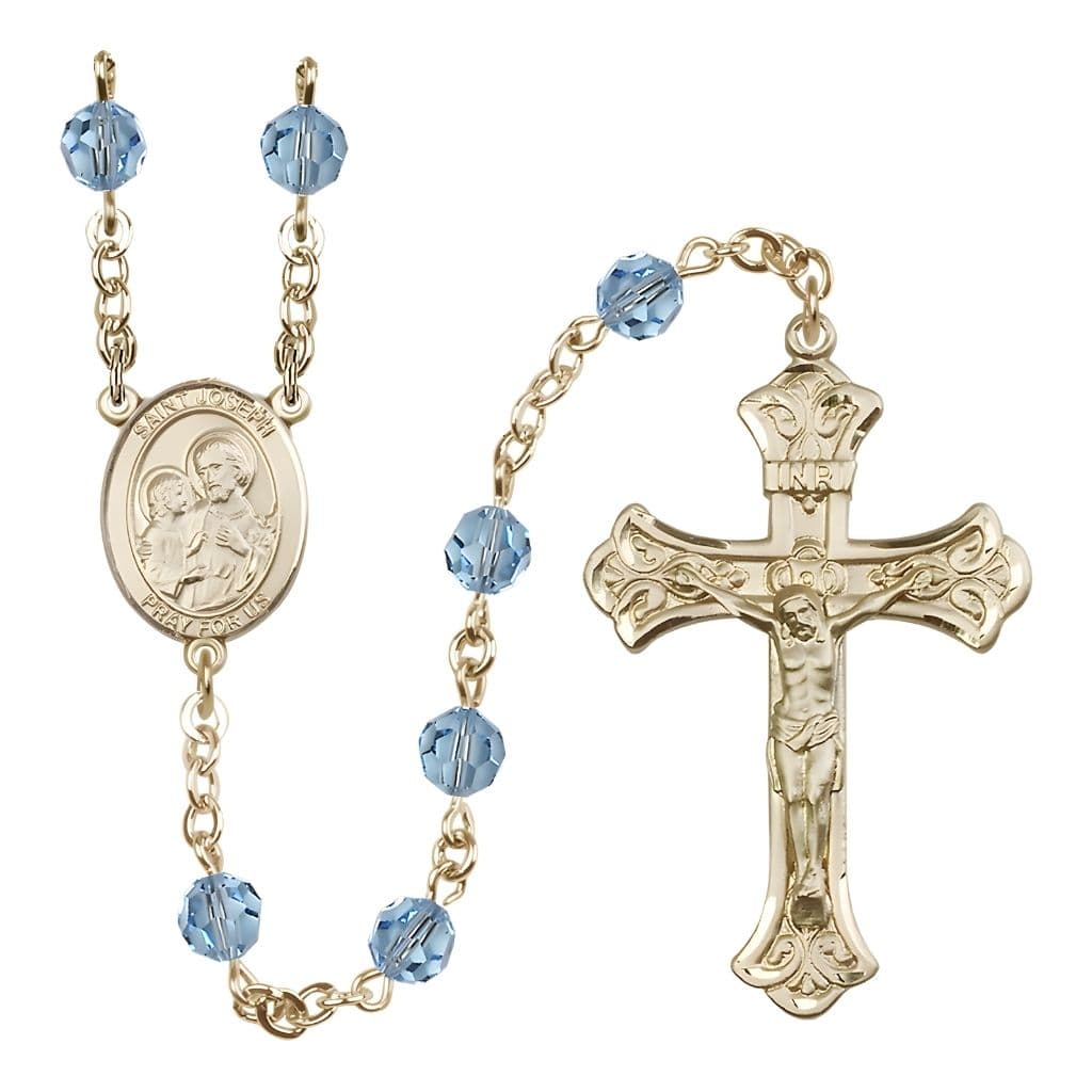 St. Joseph Rosary with 14kt Gold Scroll Crucifix and Centerpiece, Birthstone 6mm Austrian Crystal Aqua Beads for March