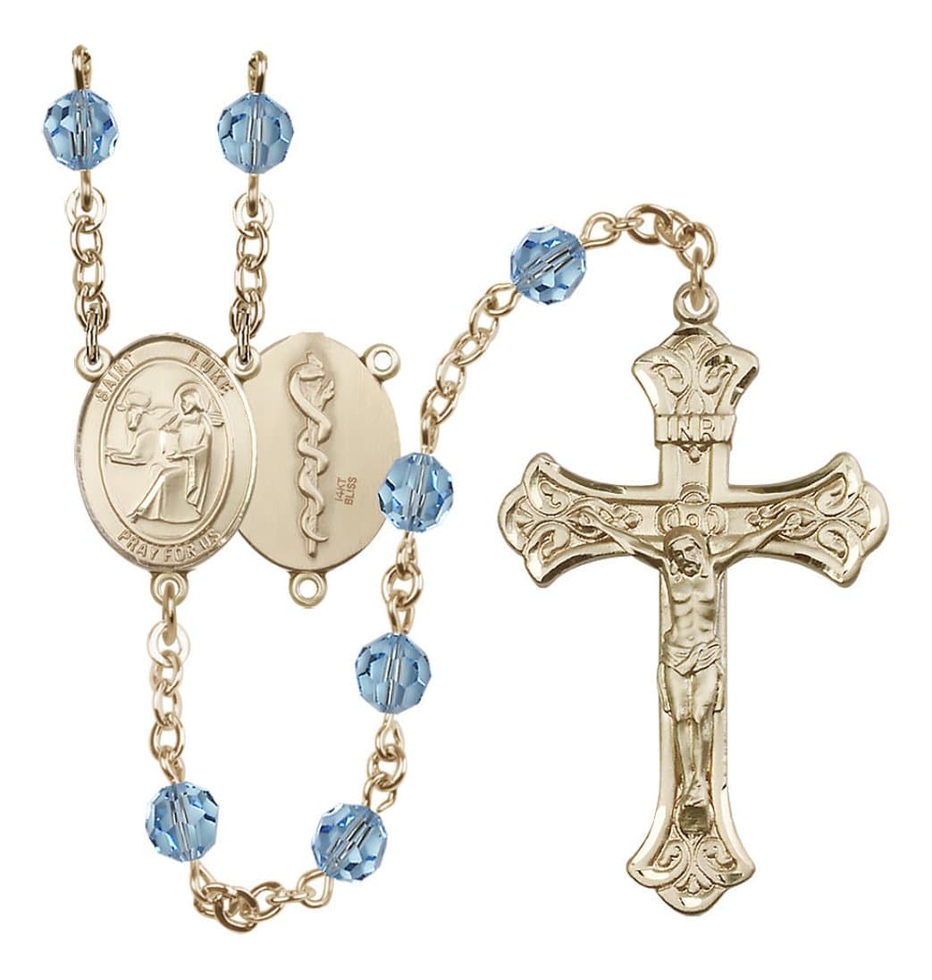 Bliss Doctor St Luke 14kt Gold Flared Tip Crucifix Crystal Rosary in Aqua/March,