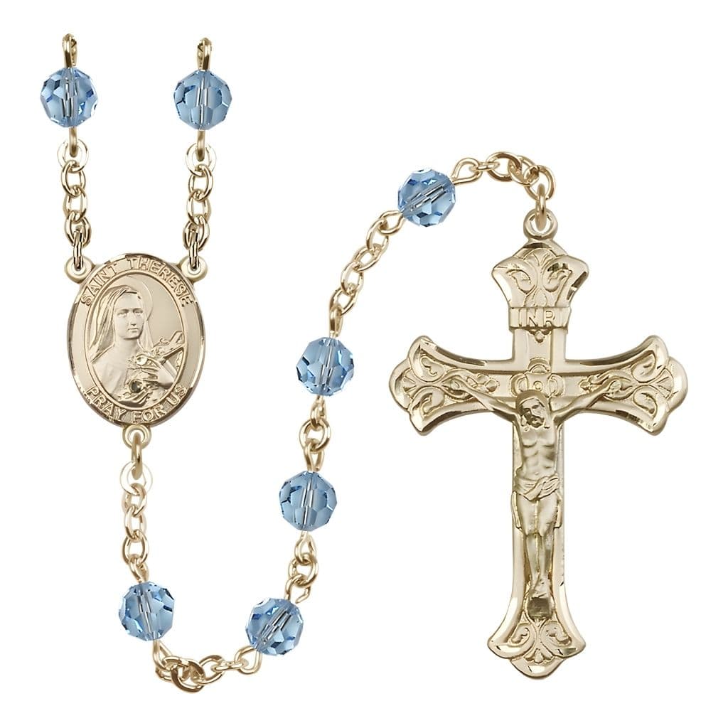 Bliss St. Therese of Lisieux 6mm Aqua Austrian Crystal Birthstone 14kt Gold Rosary with Scroll Design Crucifix