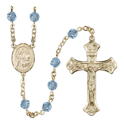 Holy Family Engravable Rosary with 14kt Gold Crucifix and Centerpiece, Birthstone 6mm Austrian Crystal Aqua Beads for March, Bliss Manufacturing
