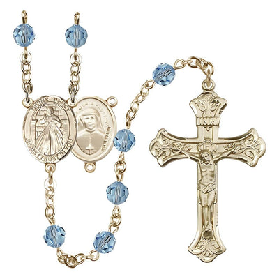 Jesus Divine Mercy Engravable Rosary with 14kt Gold Scroll Crucifix and Centerpiece, Birthstone 6mm Austrian Crystal Aqua Beads for March, Bliss Manufacturing
