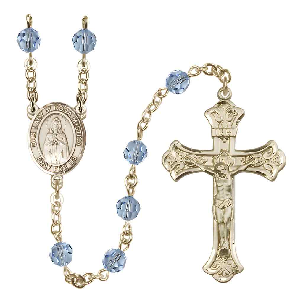 Our Lady of Rosa Mystica Rosary with 14kt Gold Scroll Crucifix and Centerpiece, Birthstone 6mm Austrian Crystal Aqua Beads for March