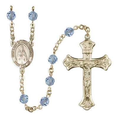 Our Lady of Rosa Mystica Rosary with 14kt Gold Scroll Crucifix and Centerpiece, Birthstone 6mm Austrian Crystal Aqua Beads for March