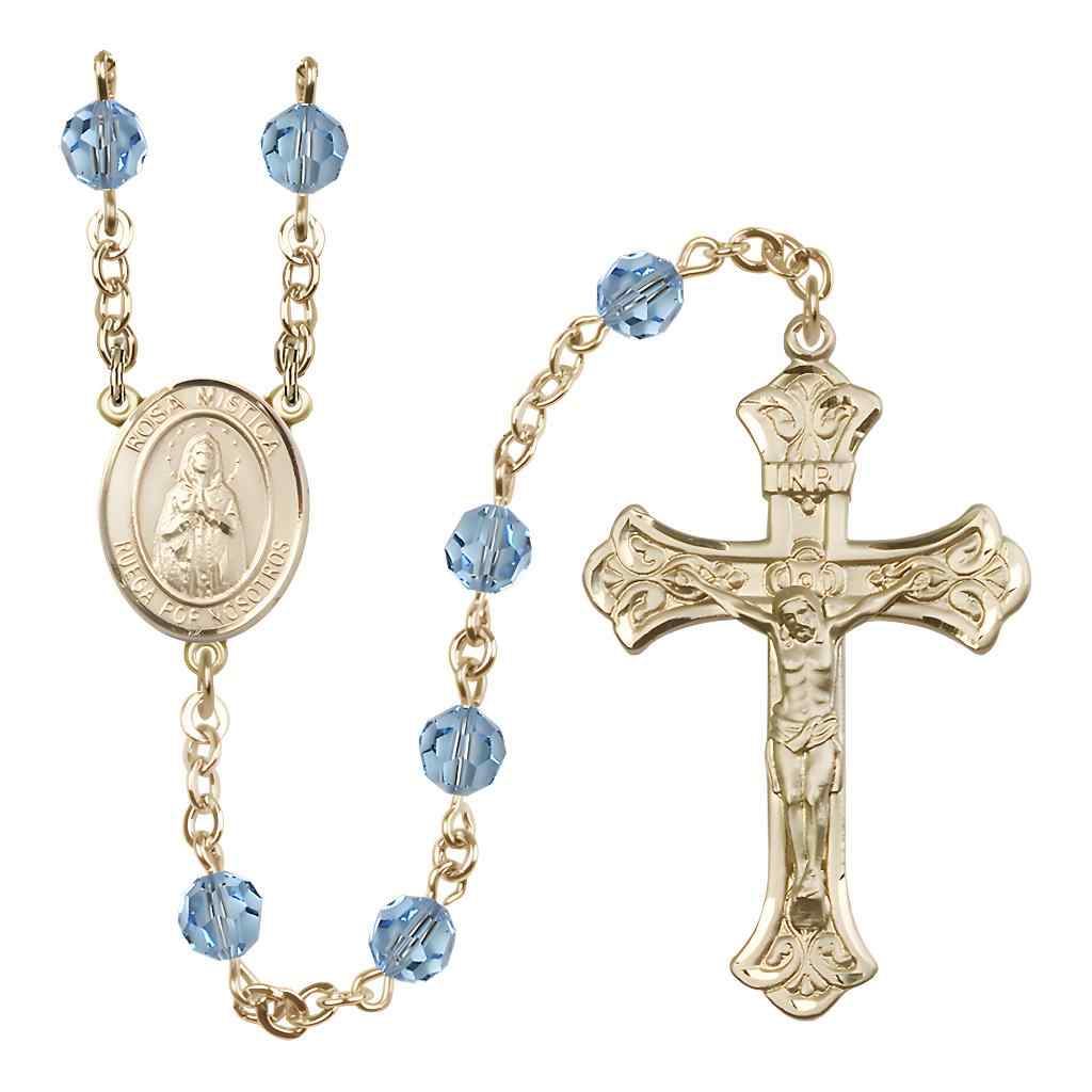 Rosa Mystica Rosary with 14kt Gold Scroll Crucifix and Centerpiece, Birthstone 6mm Austrian Crystal Aqua Beads for March | Bliss Manufacturing