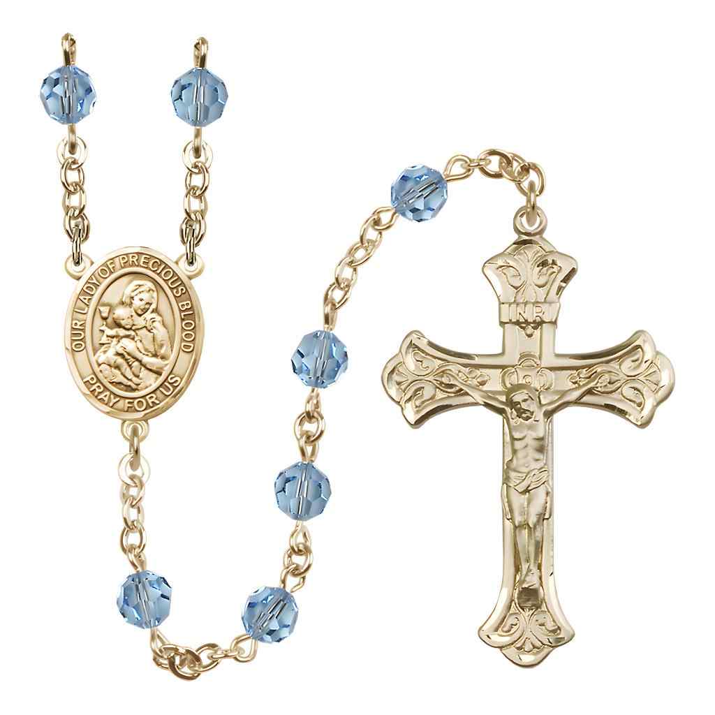 Our Lady of the Precious Blood Rosary with 14kt Gold Scroll Crucifix and Centerpiece, Birthstone 6mm Austrian Crystal Aqua Beads for March