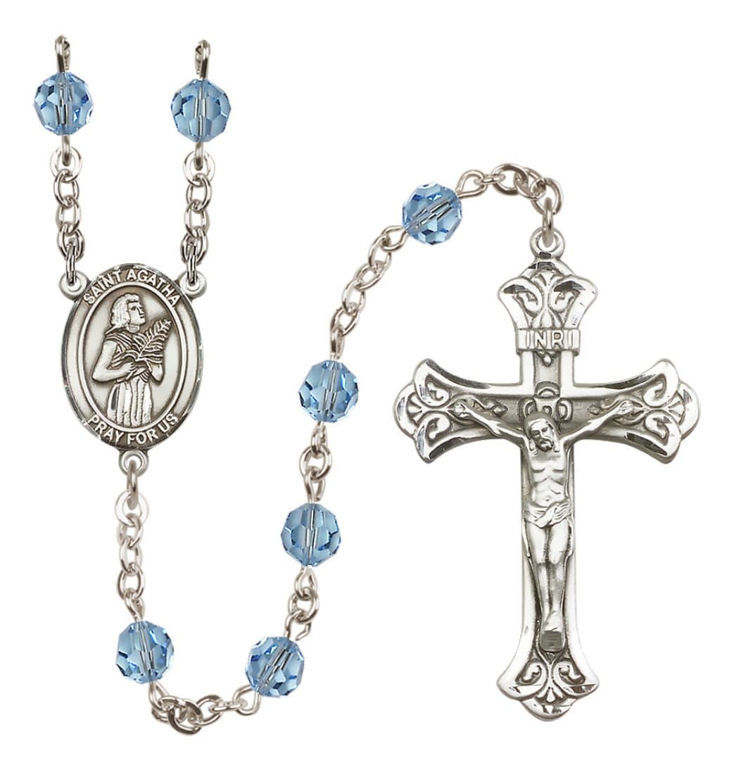  Bliss Sterling Silver 6mm Austrian Crystal Saint Agatha Rosary in Aqua,