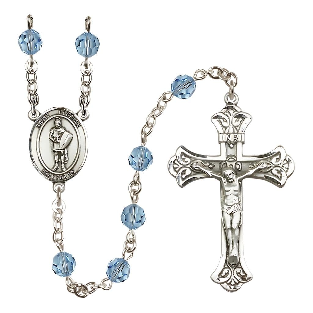 Bliss St Florian Sterling Silver Crystal Flared Crucifix Rosary in Aqua March Birthstone,