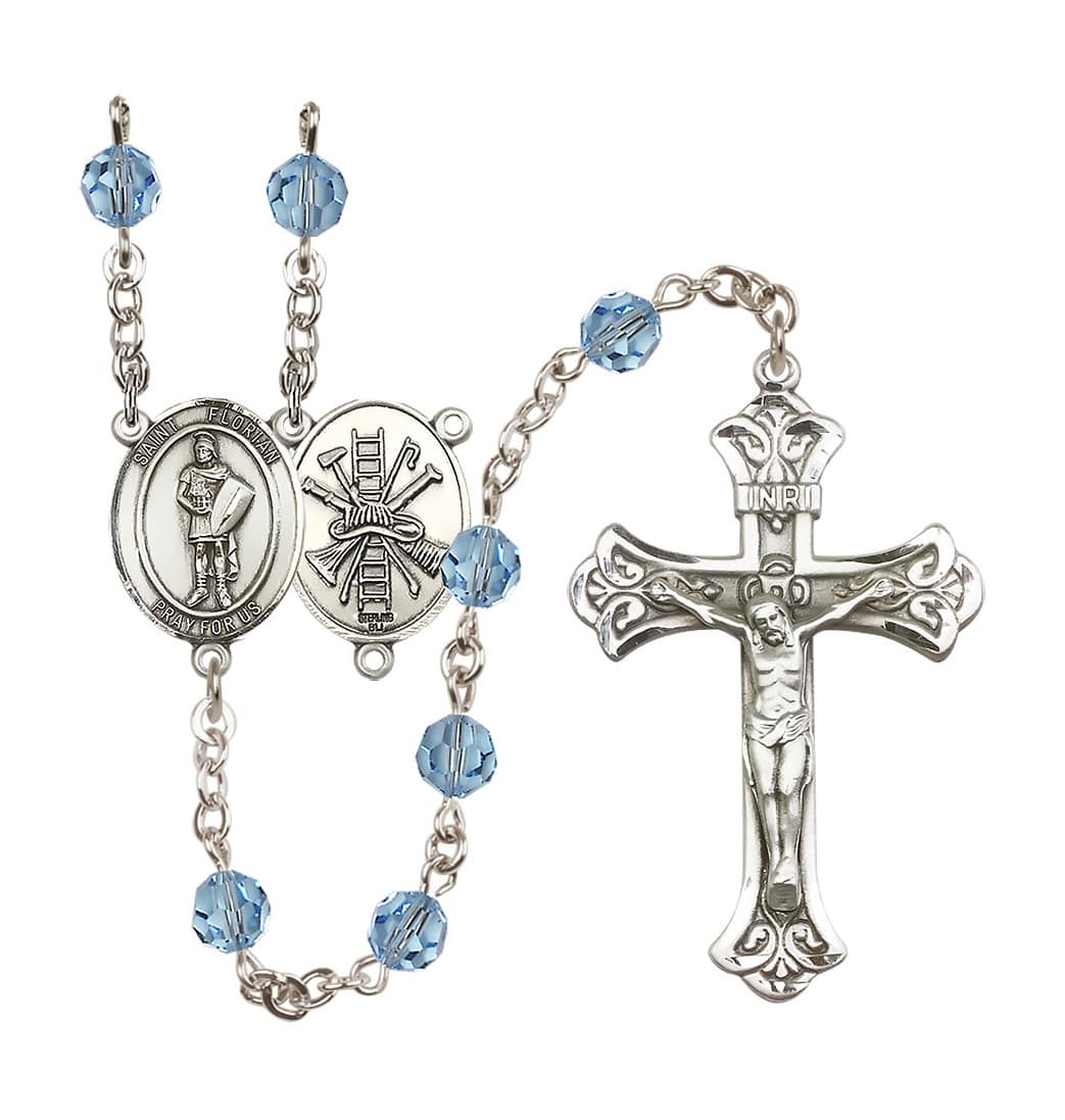 March Aqua Bliss Manufacturing St Florian Firefighter Sterling Silver Crystal Flared Crucifix Birthstone Rosary,