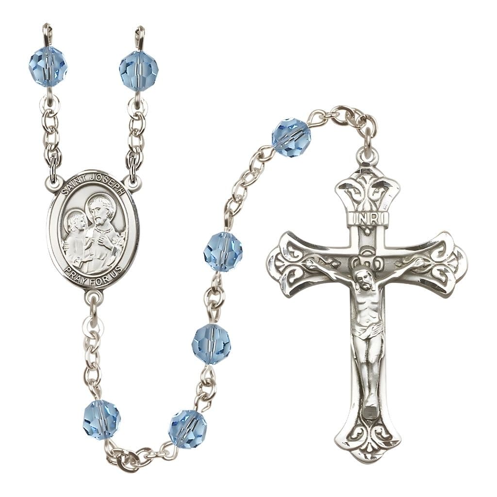 St. Joseph Rosary with Sterling Silver Scroll Crucifix and Centerpiece, Birthstone 6mm Austrian Crystal Aqua Beads for March