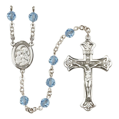 St. Joseph Rosary with Sterling Silver Scroll Crucifix and Centerpiece, Birthstone 6mm Austrian Crystal Aqua Beads for March