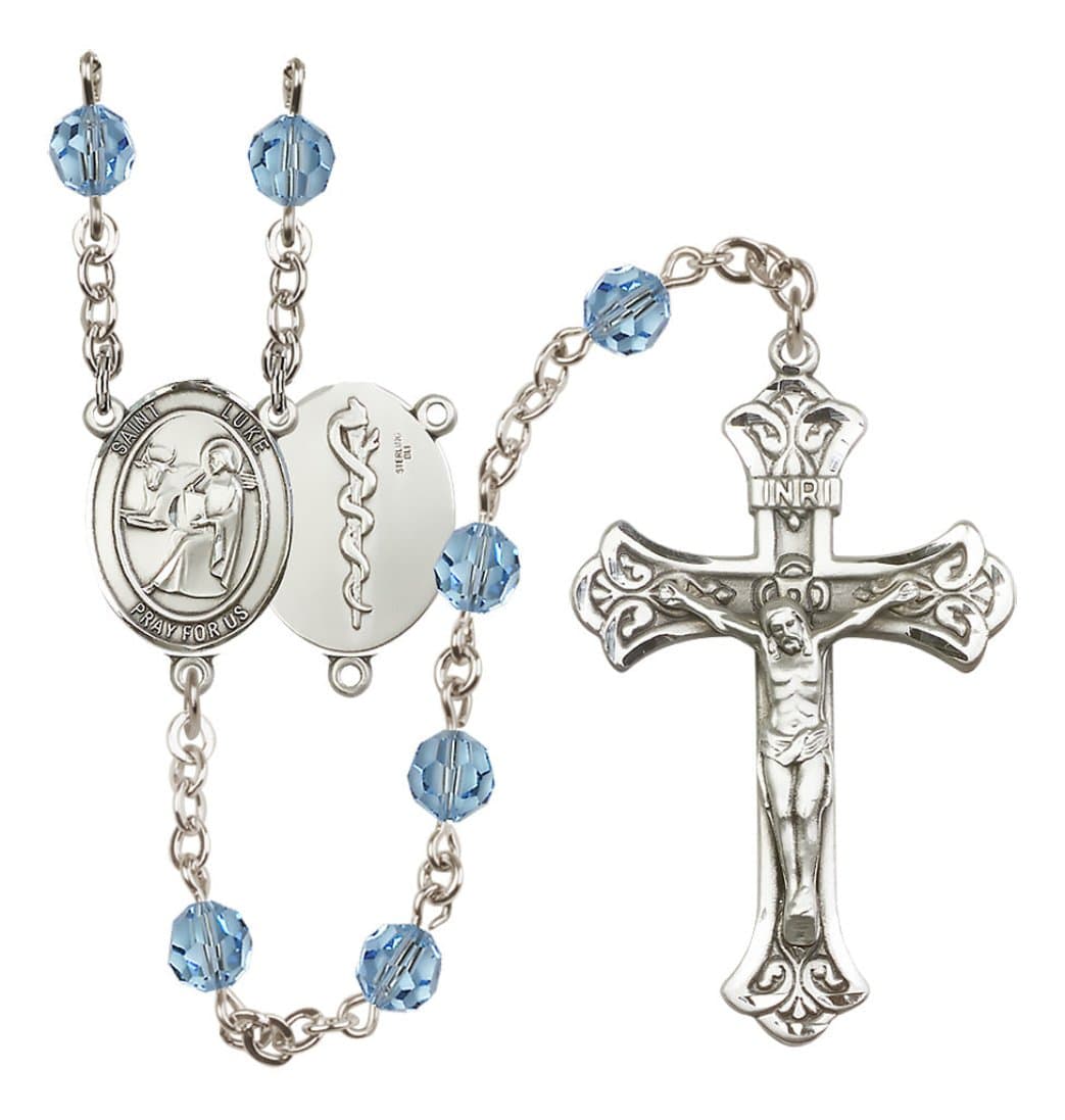 Bliss Doctor St Luke Sterling Silver Crystal Flared Crucifix Rosary in Aqua,