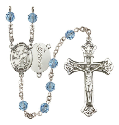 Doctor St Luke Sterling Silver Crystal Flared Crucifix Rosary in Aqua, Bliss Manufacturing