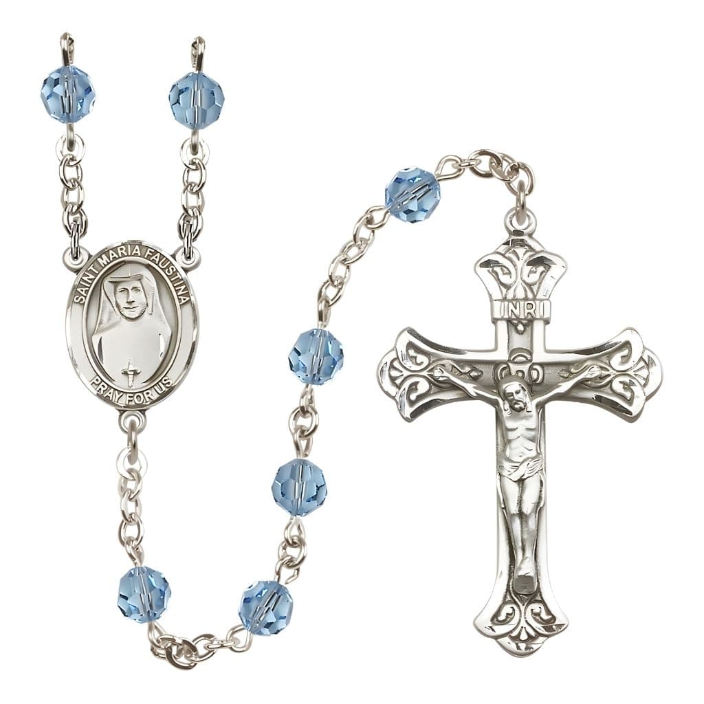 Bliss St. Maria Faustina 6mm Austrian Crystal Birthstone Sterling Silver Rosary in Aqua,