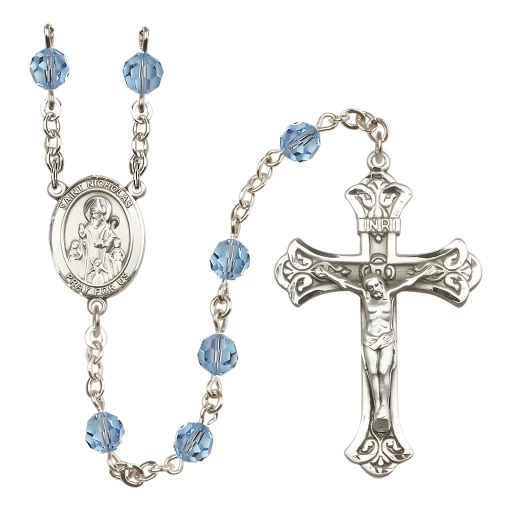Bliss St. Nicholas Engravable Rosary with Sterling Silver Centerpiece and Scroll Design Crucifix, March Birthstone 6mm Aqua Austrian Crystal Beads