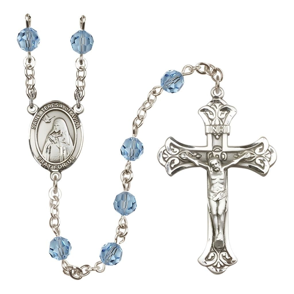 Bliss St. Teresa of Avila 6mm Aqua Austrian Crystal Birthstone Sterling Silver Rosary