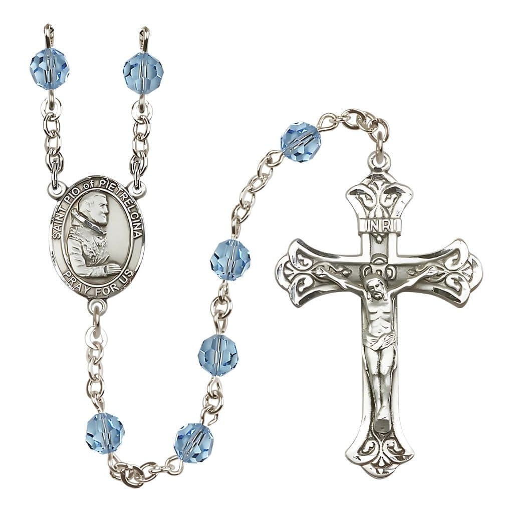 Bliss St. Padre Pio of Pietrelcina 6mm Austrian Crystal Birthstone Sterling Silver Rosary in Aqua