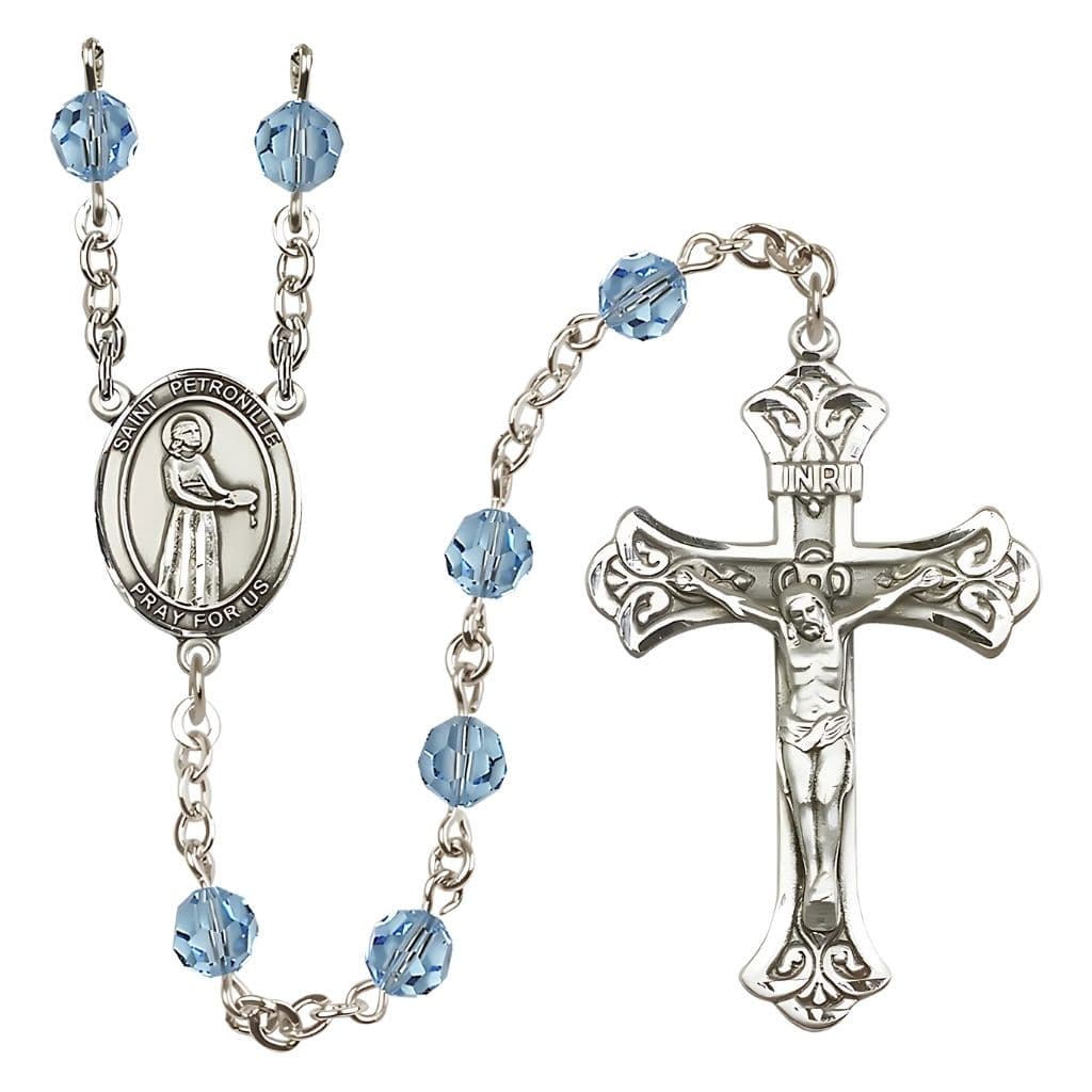 Bliss St. Petronille Rosary with 6mm Aqua Austrian Crystal Beads and Sterling Silver,