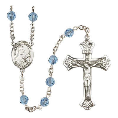 St. Therese of Lisieux Engravable Rosary with Sterling Silver Centerpiece and Scroll Design Crucifix, March Birthstone 6mm Aqua Austrian Crystal Beads, Bliss Manufacturing