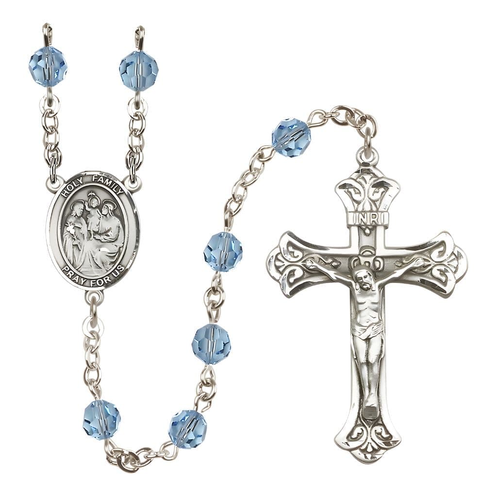 Bliss Holy Family Engravable Rosary with Sterling Silver Crucifix and Centerpiece, Birthstone 6mm Austrian Crystal Aqua Beads for March