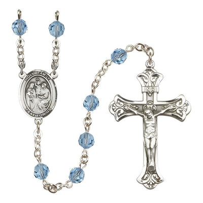 Holy Family Engravable Rosary with Sterling Silver Crucifix and Centerpiece, Birthstone 6mm Austrian Crystal Aqua Beads for March, Bliss Manufacturing