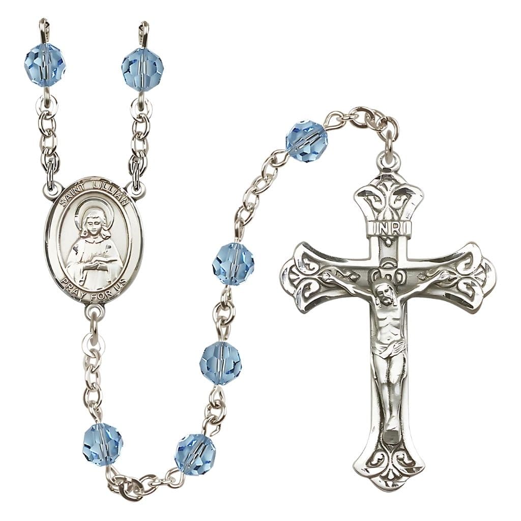 Bliss Lillian Rosary with 6mm Aqua Austrian Crystal Beads and Sterling Silver,
