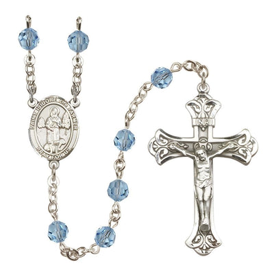 St. Isidore the Farmer Engravable Rosary with Sterling Silver Scroll Crucifix and Centerpiece, Birthstone 6mm Austrian Crystal Aqua Beads for March, Bliss Manufacturing