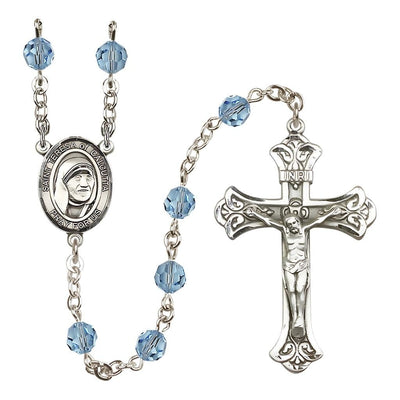 St. Teresa of Calcutta Sterling Silver Engraving Rosary, Birthstone Aqua 6mm Austrian Crystal Beads, Bliss Manufacturing